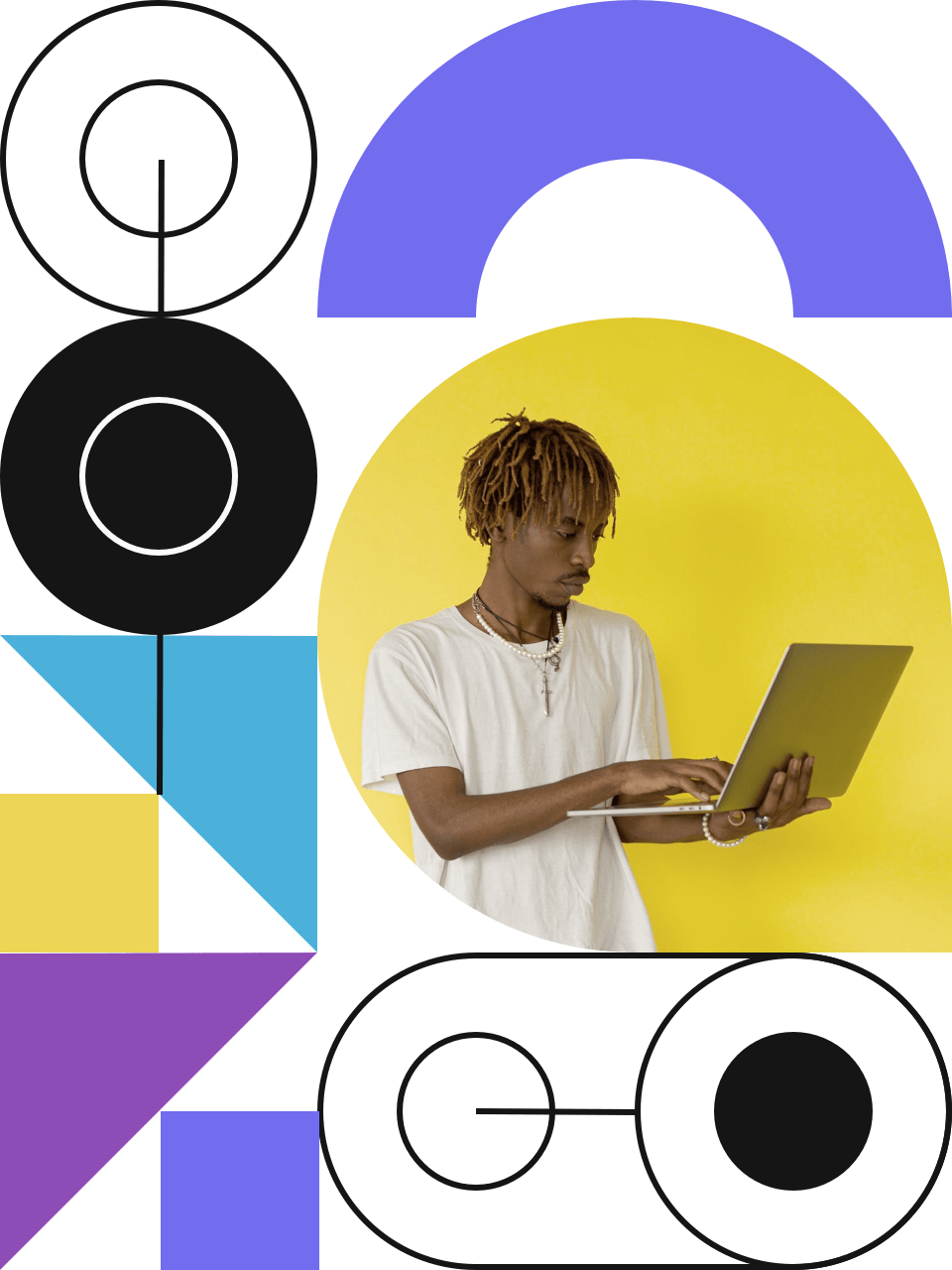 A young man of african descent in a white t-shirt holding a silver laptop